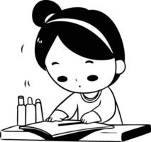 Cute little girl doing her homework in cartoon style. vector