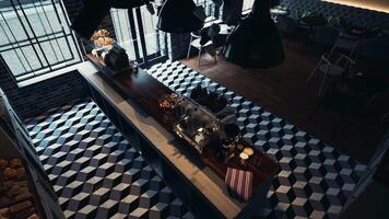 Modern Cafe Interior With Checkered Floor and Long Table video