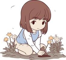 ilustración de un linda pequeño niña plantando flores en el jardín vector