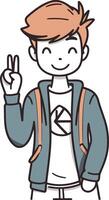 illustration of a young man with a backpack showing victory sign. vector