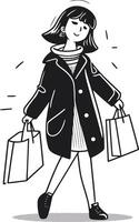 Girl with shopping bags. Black and white illustration in cartoon style. vector