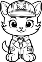 negro y blanco dibujos animados ilustración de linda gato policía oficial personaje colorante libro vector