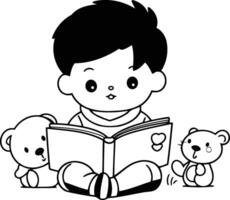 Little boy reading a book with his teddy bears. vector