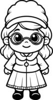 negro y blanco dibujos animados ilustración de linda pequeño niña vistiendo invierno ropa vector