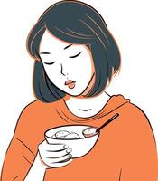 Illustration of a young woman eating a bowl of noodle. vector