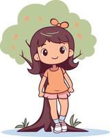 linda pequeño niña en el bosque de un dibujos animados personaje. vector