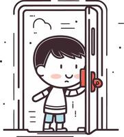 boy opening the door of a boy opening the door. vector