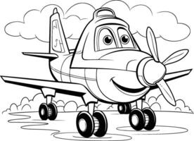 dibujos animados avión en un antecedentes de nubes colorante libro para niños vector