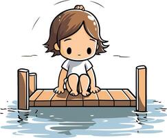 pequeño niña sentado en un de madera embarcadero en el agua ilustración vector