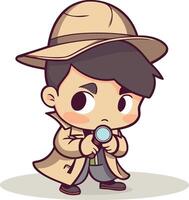 Cartoon detective boy holding a magnifying glass. vector