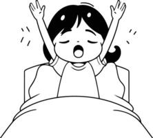 ilustración de un joven mujer bostezando mientras acostado en cama. vector