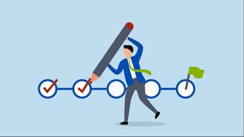 Project tracking, 4k animation of businessman project manager with a big pen to check completed tasks on a project management timeline. video