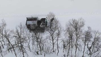 priiskovy, ryssland - januari 05, 2024. i frostig vidd snowcat förbereder åka skidor sluttningar snowcat nyckel till slät skidåkning erfarenhet. snowcat symbol av effektiv snö grooming på resorts video