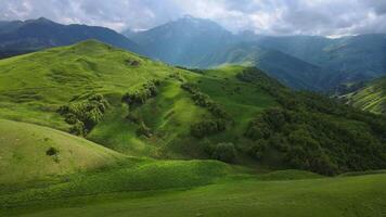 nuageux ciel plus de luxuriant vert Montagne pente avec herbe et des arbres video