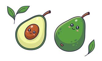 Cute Kawaii Avocado character whole and cut. Hand drawn cartoon icon illustration. Avocado character in Cartoon manga style. Isolated on white background. vector