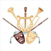 Vintage music instruments with theatre masks and ancient lyre harp. Hand drawn watercolor illustration isolated on white background. For play, opera or musical program, poster and flyer. Logo sticker vector