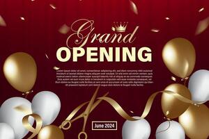 Grand Opening banner with ribbon scissors elements, balloons and dark red background. vector