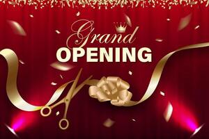 Grand Opening banner with ribbon scissors elements, balloons and dark red background. vector