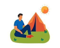 A man camping with a tent on a sunny day. Summer holiday. vector