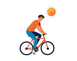 un hombre montando un bicicleta en el verano. un hombre montando un bicicleta en un soleado y caliente día. vector