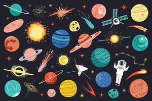 Planets in space, doodle collection of stars and shuttle icons, cosmic objects set, illustrations of galaxies, comets and spacecraft, cute childish design for astronomy book, science collection vector