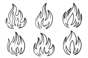 mano dibujado fuego iconos fuego llamas íconos colocar. mano dibujado garabatear bosquejo fuego, negro y blanco dibujo. sencillo fuego símbolo. vector