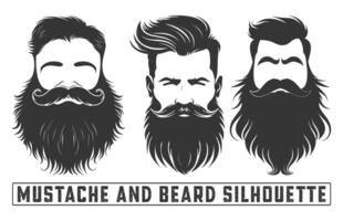 Bigote y barba silueta, barbado hombre cara colocar, barbado hombres caras los hipsters con diferente cortes de pelo, bigotes, barbas, Gafas de sol. siluetas, avatares, emblemas, iconos, vector