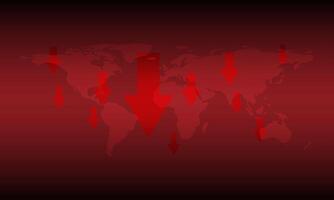 gráfico de flecha roja flecha desplegable con mapa mundial sobre fondo rojo. perdiendo dinero concepto de crisis y finanzas bursátiles. vector