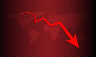 Red arrow graph drop arrow down with world map on red background. Money losing. Stock crisis and finance concept. vector