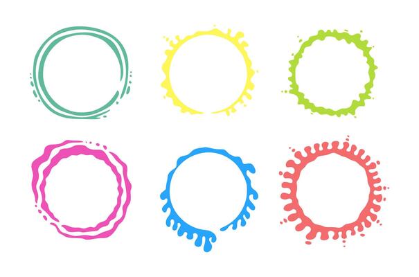 Set of colorful circle paint strokes for frames, icons, design elements. Empty space. Six splashes.