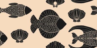 a black and white fish pattern on a beige background vector