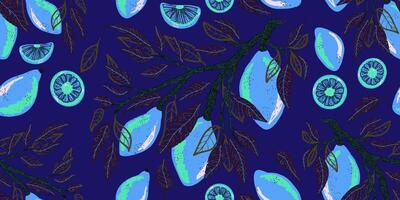 a blue and green pattern with fruit and leaves vector