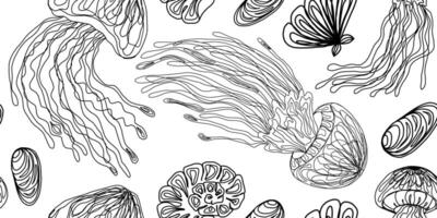 a black and white drawing of jellyfishs and other sea creatures vector