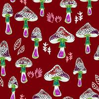 a pattern with mushrooms and leaves on a red background vector