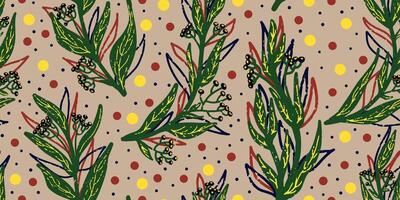 a pattern with plants and flowers on a beige background vector