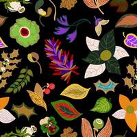 a pattern of colorful leaves and flowers on a black background vector