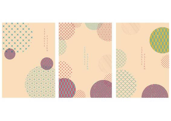 Japanese pattern and icon . Oriental wedding invitation and frame background. Geometric pattern and brush stroke decoration. Abstract template in risography style