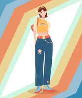 y2k character, 90s, girl, background with lines, illustration vector