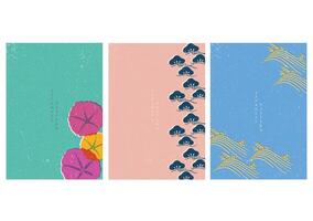 Abstract art landscape with Asian traditional background elements in risograph style. Bonsai tree, wave , floral elements decorations with hand drawn line wave and Japanese brochure in vintage style. vector