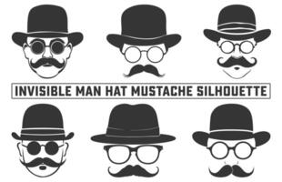 Unknown man with hat glasses and mustaches silhouette set, Gentleman icon, Hat, Glasses, Mustache, Vintage silhouette of hat. vector