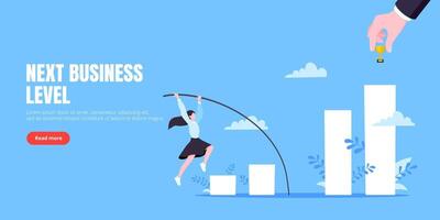 Businesswoman jumps pole vault over graph bars flat style design illustration. vector