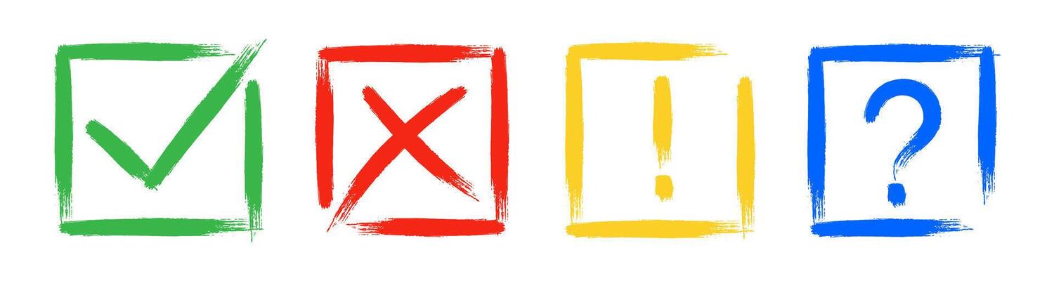 Dirty grunge cross x, tick OK, exclamation and question check marks in check boxes.