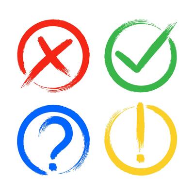 Dirty grunge cross x, tick OK, exclamation and question check marks in check boxes.