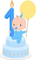 Baby boy on a birthday cake celebrating his first birthday holding a balloon. Birthday party baby boy with blue cake and yellow balloon. vector