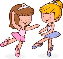 Cute ballerina girls with pretty dresses and ballet shoes. Beautiful little ballerina dancer girls dancing on ballet stage. vector