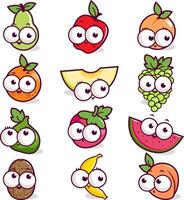 Cute funny fruit stickers collection. Cartoon fruit characters, grape, apple, pear, melon, fig and more. Illustration set. vector