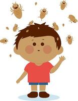 Little child with lice infestation on hair scratching his itchy scalp and head. A boy with lice on his head. vector