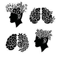 Set of symbols mental health blooming head silhouette illustration vector