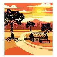 Retro sunset country house colored landscape with silhouettes illustration vector