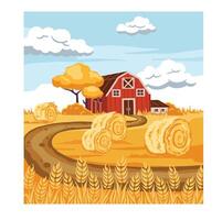 cartoon drawing of autumn farmland, haystack and rye. illustration vector